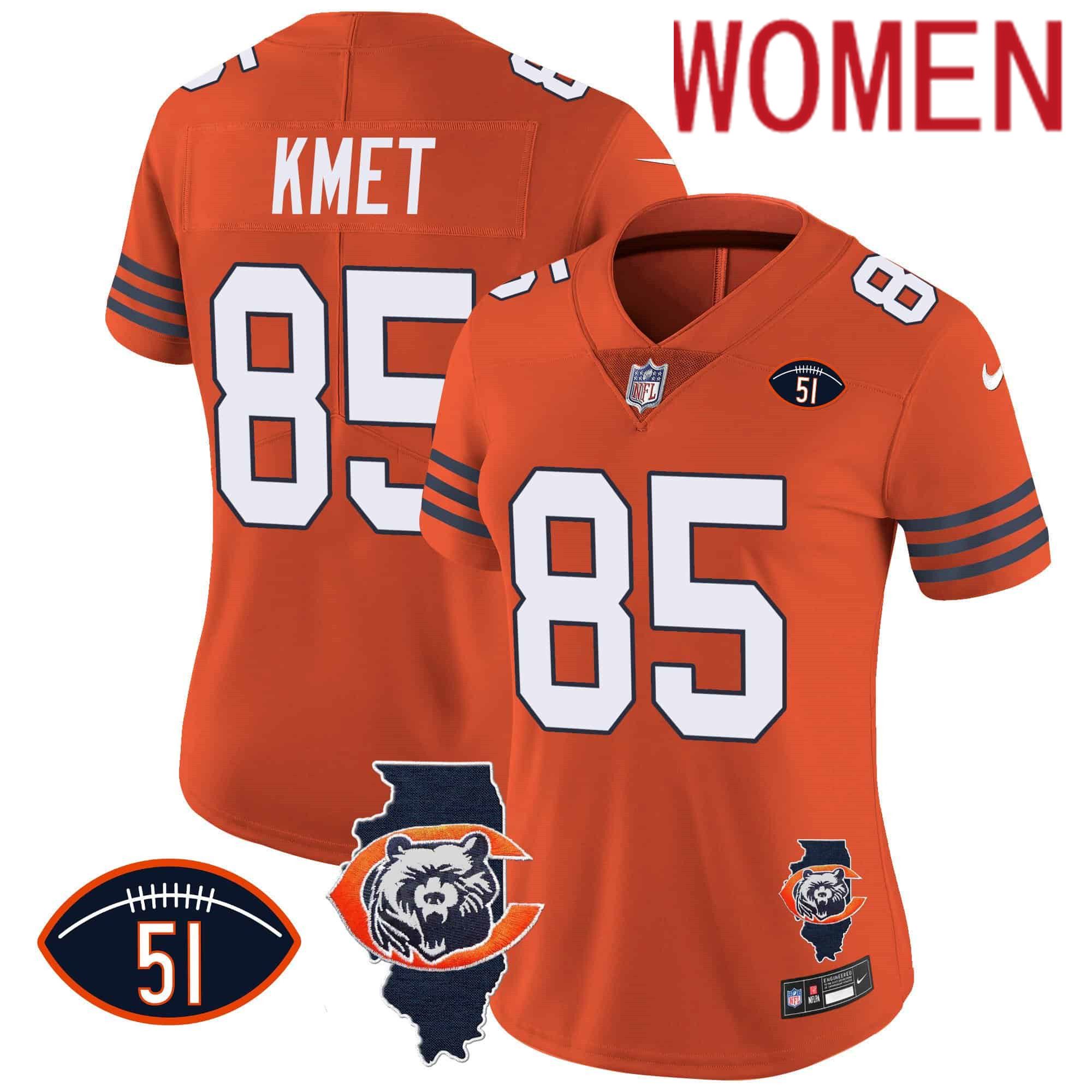 Women Chicago Bears #85 Kmet Orange 2024 Nike Throwback Illinois Patch Vapor NFL Jersey->customized nfl jersey->Custom Jersey